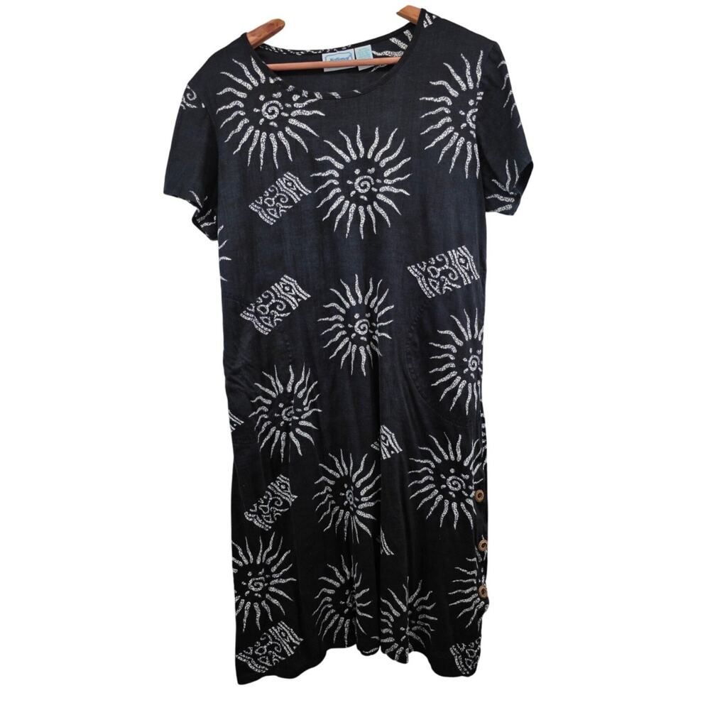 Vintage National Black & White Sun Print‎ Dress PL 100% Cotton Button-Down